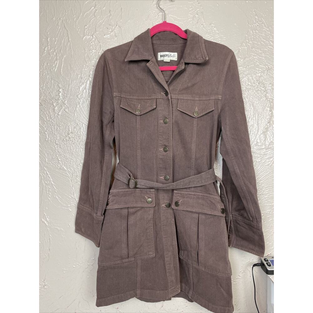 Besti‎ Belli Denim Coat Belt Pockets Brown Button Down Collared Size S 88-98-160